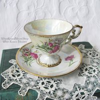 Vintage Footed Tea Cup Pink Carnation Floral Japan Mid Century TeaTime January Birthday Gift Victoria Downton Abbey Tea Cottage Shabby Chic