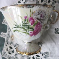 Vintage Footed Tea Cup Pink Carnation Floral Japan Mid Century TeaTime January Birthday Gift Victoria Downton Abbey Tea Cottage Shabby Chic