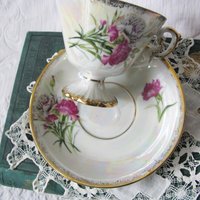Vintage Footed Tea Cup Pink Carnation Floral Japan Mid Century TeaTime January Birthday Gift Victoria Downton Abbey Tea Cottage Shabby Chic