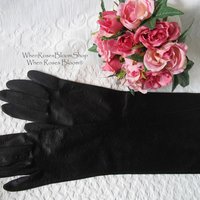 Vintage Gloves Black Sz 6 1/2 Faux Leather Vegan Fabric Matinee Classic Mid Century Mod Cocktail Party Style Free Ship US WhenRosesBloom