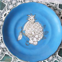 Tea Cup Footed Turquoise Blue w/ Gold Fruit Decoration Japan Retro Vintage TeaTime Gift Mid Romantic Shabby Chic Cottage Tea WhenRosesBloom