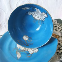 Tea Cup Footed Turquoise Blue w/ Gold Fruit Decoration Japan Retro Vintage TeaTime Gift Mid Romantic Shabby Chic Cottage Tea WhenRosesBloom