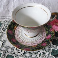 Tea Cup Pink Black Chintz Floral Roses Japan Mid Century  Vintage Retro Tea Time Gfit Shabby Chic Afternoon Tea Party WhenRosesBloom