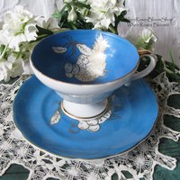 Tea Cup Footed Turquoise Blue w/ Gold Fruit Decoration Japan Retro Vintage TeaTime Gift Mid Romantic Shabby Chic Cottage Tea WhenRosesBloom