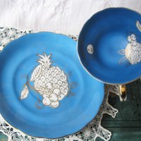 Tea Cup Footed Turquoise Blue w/ Gold Fruit Decoration Japan Retro Vintage TeaTime Gift Mid Romantic Shabby Chic Cottage Tea WhenRosesBloom