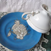 Tea Cup Footed Turquoise Blue w/ Gold Fruit Decoration Japan Retro Vintage TeaTime Gift Mid Romantic Shabby Chic Cottage Tea WhenRosesBloom