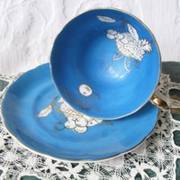 Tea Cup Footed Turquoise Blue w/ Gold Fruit Decoration Japan Retro Vintage TeaTime Gift Mid Romantic Shabby Chic Cottage Tea WhenRosesBloom