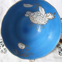 Tea Cup Footed Turquoise Blue w/ Gold Fruit Decoration Japan Retro Vintage TeaTime Gift Mid Romantic Shabby Chic Cottage Tea WhenRosesBloom