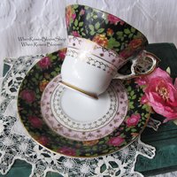 Tea Cup Pink Black Chintz Floral Roses Japan Mid Century  Vintage Retro Tea Time Gfit Shabby Chic Afternoon Tea Party WhenRosesBloom