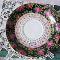 Tea Cup Pink Black Chintz Floral Roses Japan Mid Century  Vintage Retro Tea Time Gfit Shabby Chic Afternoon Tea Party WhenRosesBloom