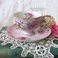 Tea Cup Pink Roses Footed Japan Vintage Downton Tea Time Gift Cottage Shabby Chic Mid Century Tea Style  WhenRosesBloom