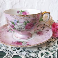 Tea Cup Pink Roses Footed Japan Vintage Downton Tea Time Gift Cottage Shabby Chic Mid Century Tea Style  WhenRosesBloom