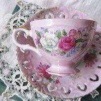 Tea Cup Pink Roses Footed Japan Vintage Downton Tea Time Gift Cottage Shabby Chic Mid Century Tea Style  WhenRosesBloom