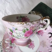 Tea Cup Pink Roses Footed Japan Vintage Downton Tea Time Gift Cottage Shabby Chic Mid Century Tea Style  WhenRosesBloom