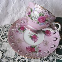 Tea Cup Pink Roses Footed Japan Vintage Downton Tea Time Gift Cottage Shabby Chic Mid Century Tea Style  WhenRosesBloom