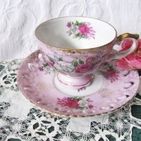 Tea Cup Pink Roses Footed Japan Vintage Downton Tea Time Gift Cottage Shabby Chic Mid Century Tea Style  WhenRosesBloom