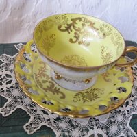 Vintage Tea Cup Royal Sealy Yellow Footed Gold Raised Paste decoration Tea Party Cottage Shabby Chic Downton Edwardian Tea  WhenRosesBloom