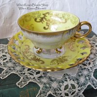 Vintage Tea Cup Royal Sealy Yellow Footed Gold Raised Paste decoration Tea Party Cottage Shabby Chic Downton Edwardian Tea  WhenRosesBloom