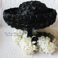 Black Hat 60s Summer Straw English Breton Vintage Mid Century Retro Party Tea Party Garden Party That Girl  60s Style Retro  WhenRosesBloom