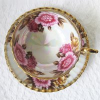 Vintage Teacup Pink Floral Footed Gold Japan Fancrest Elegant Mid Century Tea Gift Victoria Downton Tea Cottage Shabby Chic WhenRosesBloom