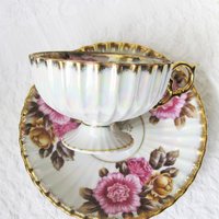 Vintage Teacup Pink Floral Footed Gold Japan Fancrest Elegant Mid Century Tea Gift Victoria Downton Tea Cottage Shabby Chic WhenRosesBloom