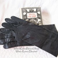 Black Leather Gloves Sz 7.5 Vintage Van Raalte Downton Steampunk Victorian Austen Miss Fisher Cosplay Style Free Ship in USA WhenRosesBloom