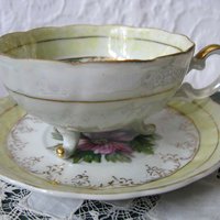 Tea Cup Footed Yellow Pink Floral Japan lusterware Retro Vintage Tea Party Mid Century Cottage Shabby Chic Farmhouse   WhenRosesBloom