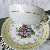 Tea Cup Footed Yellow Pink Floral Japan lusterware Retro Vintage Tea Party Mid Century Cottage Shabby Chic Farmhouse   WhenRosesBloom
