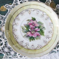 Tea Cup Footed Yellow Pink Floral Japan lusterware Retro Vintage Tea Party Mid Century Cottage Shabby Chic Farmhouse   WhenRosesBloom