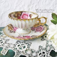 Vintage Teacup Pink Floral Footed Gold Japan Fancrest Elegant Mid Century Tea Gift Victoria Downton Tea Cottage Shabby Chic WhenRosesBloom