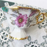 Tea Cup Pink Green Floral Roses Footed Japan Vintage Retro Tea Time Gift Mid Century Shabby Chic Afternoon Tea Party  WhenRosesBloom
