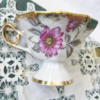 Tea Cup Pink Green Floral Roses Footed Japan Vintage Retro Tea Time Gift Mid Century Shabby Chic Afternoon Tea Party  WhenRosesBloom