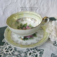 Tea Cup Footed Yellow Pink Floral Japan lusterware Retro Vintage Tea Party Mid Century Cottage Shabby Chic Farmhouse   WhenRosesBloom