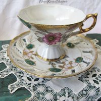 Tea Cup Pink Green Floral Roses Footed Japan Vintage Retro Tea Time Gift Mid Century Shabby Chic Afternoon Tea Party  WhenRosesBloom