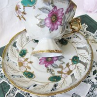 Tea Cup Pink Green Floral Roses Footed Japan Vintage Retro Tea Time Gift Mid Century Shabby Chic Afternoon Tea Party  WhenRosesBloom