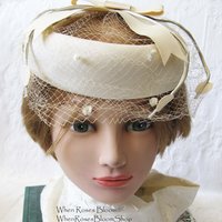 White Hat Vintage Fascinator Cocktail Tea Party Wedding Bridal Ring Circle Hat Net Birdcage Veil Mid Century WhenRosesBloom