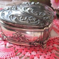 Vintage Silver Jewelry Box Double Heart Embossed Pattern Ornate Floral Pattern Art Nouveau Romantic Gift  Dainty Footed Box WhenRosesBloom