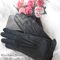 Black Gloves Sz 6 Kid Leather Ruffle Vintage Downton Miss Fisher Elegant Steampunk Cosplay Mid Century Harzfeld FREE Ship US  WhenRosesBloom