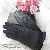 Black Gloves Sz 6 Kid Leather Ruffle Vintage Downton Miss Fisher Elegant Steampunk Cosplay Mid Century Harzfeld FREE Ship US  WhenRosesBloom