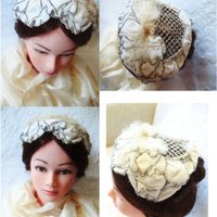 Vintage Hat 1920s Wedding  Bridal Headpiece Tea Wedding Veil Eggshell Toque White/ Silver Beads Flapper  Gatsby Art Deco WhenRosesBloom