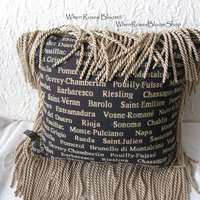 Vintage Pillow Tapestry Fringe Wine names accent pillow Elegant Shabby Chic Farmhouse Cottage Style WhenRosesBloom