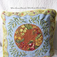 Vintage Needlepoint accent pillow with Fruit pattern Elegant Shabby Granny chic European Southern Farmhouse Cottage Style WhenRosesBloom