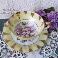 Tea Cup Footed Yellow Gold Lilacs Lily Valley Decoration Japan Retro Vintage Tea Time Gift Romantic Shabby Chic Cottage Tea WhenRosesBloom