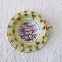 Tea Cup Footed Yellow Gold Lilacs Lily Valley Decoration Japan Retro Vintage Tea Time Gift Romantic Shabby Chic Cottage Tea WhenRosesBloom