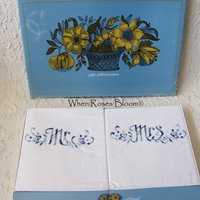 Vintage Pillowcases Mr & Mrs Blue Embroidery Trousseau Pair Boxed 1960s  NOS Grannycore  Shabby Chic Farmhouse Cottage Style  WhenRosesBloom