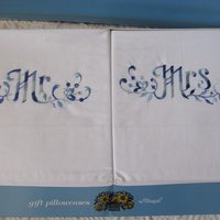 Vintage Pillowcases Mr & Mrs Blue Embroidery Trousseau Pair Boxed 1960s  NOS Grannycore  Shabby Chic Farmhouse Cottage Style  WhenRosesBloom