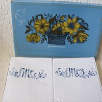 Vintage Pillowcases Mr & Mrs Blue Embroidery Trousseau Pair Boxed 1960s  NOS Grannycore  Shabby Chic Farmhouse Cottage Style  WhenRosesBloom