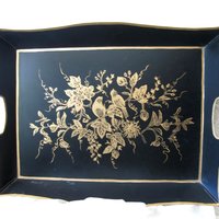 Black & Gold Metal tray French tole with birds and flowers Vintage Party Tea Time Tea Wedding Anniversary Gift Entertainment WhenRosesBloom