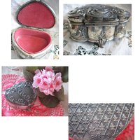 Vintage Silver Jewelry Box Double Heart Embossed Pattern Ornate Floral Pattern Art Nouveau Romantic Gift  Dainty Footed Box WhenRosesBloom