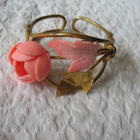 Vintage Bracelet Mid Century Floral Jewelry Bangle Peach Pink  Rose Gold Tone Metal & Plastic Classic Romantic Rose Floral  WhenRosesBloom